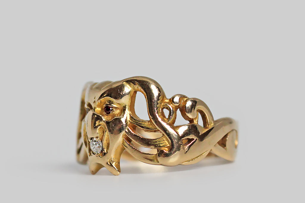 Victorian Era OMC Diamond & Ruby Grotesque Demon Face Ring in 14k Gold