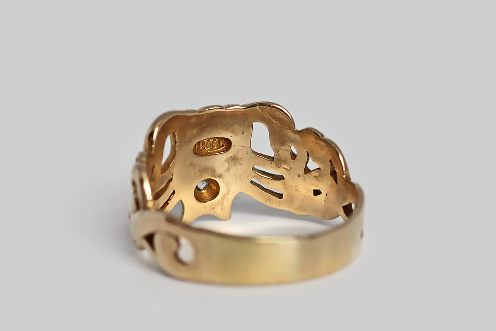 Victorian Era OMC Diamond & Ruby Grotesque Demon Face Ring in 14k Gold