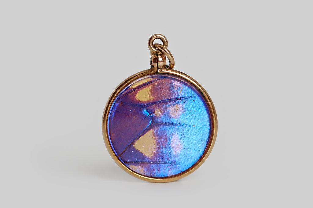 Antique Jewelry Portland, Vintage Jewelry Portland , Antique Engagement Rings | Poor Mouchette | An especially lovely Victorian-era double-sided locket, modeled in 14k yellow gold, that frames a painterly section of morpho butterfly wing on one side, and a delicate pressed moth on the other. The little white moth lays atop the vibrant, iridescent, turquoise-blue field created by the morpho wing.